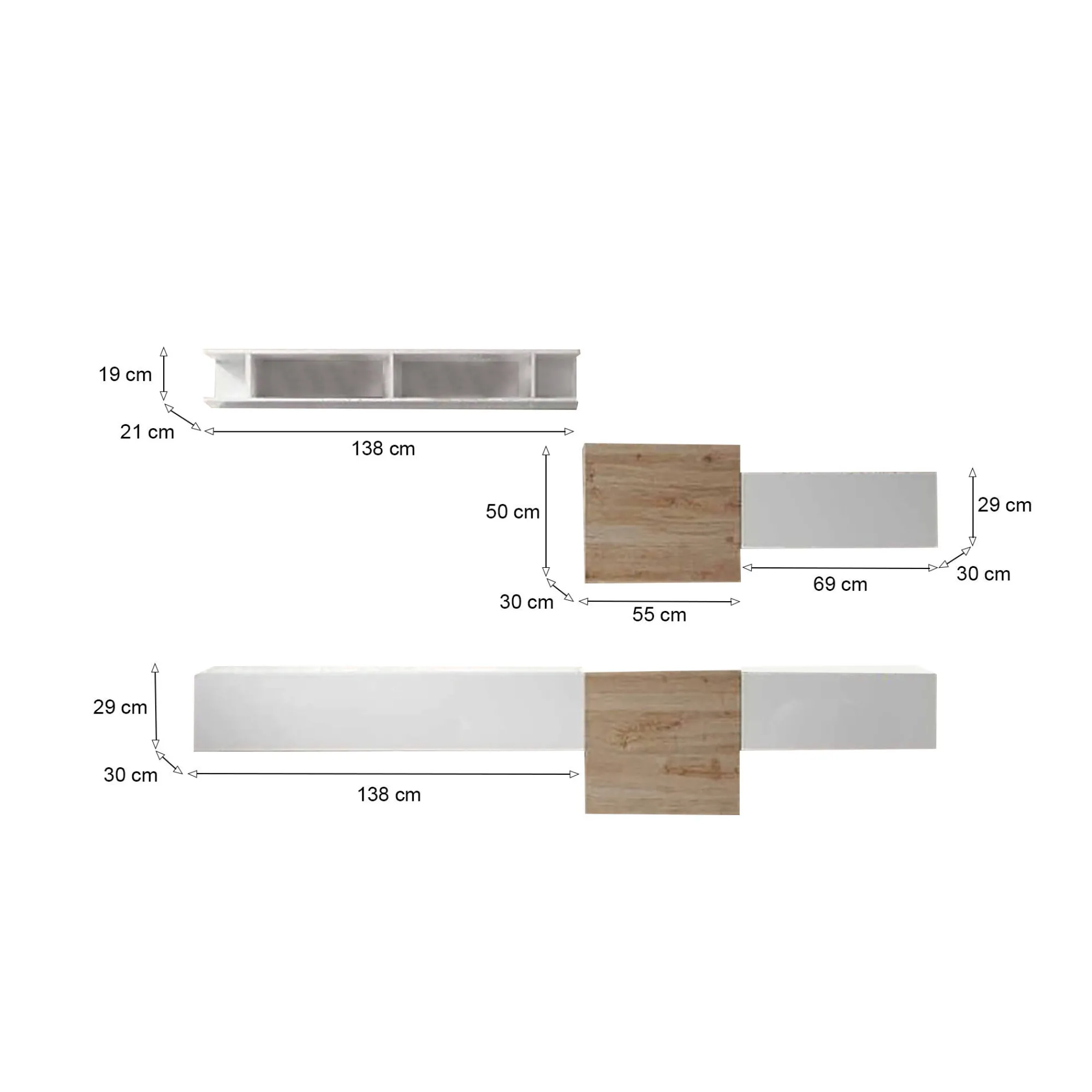 Parete attrezzata Dwal, 262x30 h185 cm, Bianco lucido e Rovere<Dmora Online