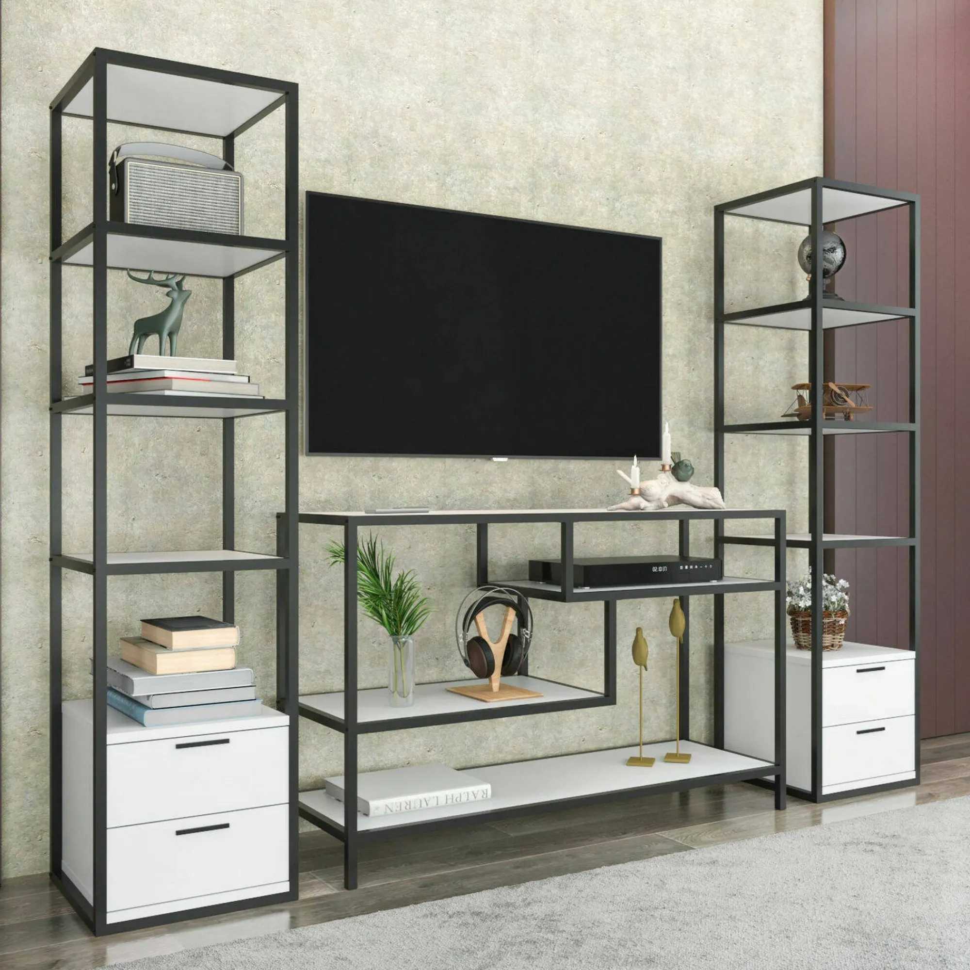 Parete attrezzata Felion, 198x39h160 cm, Bianco e Nero<Dmora Store