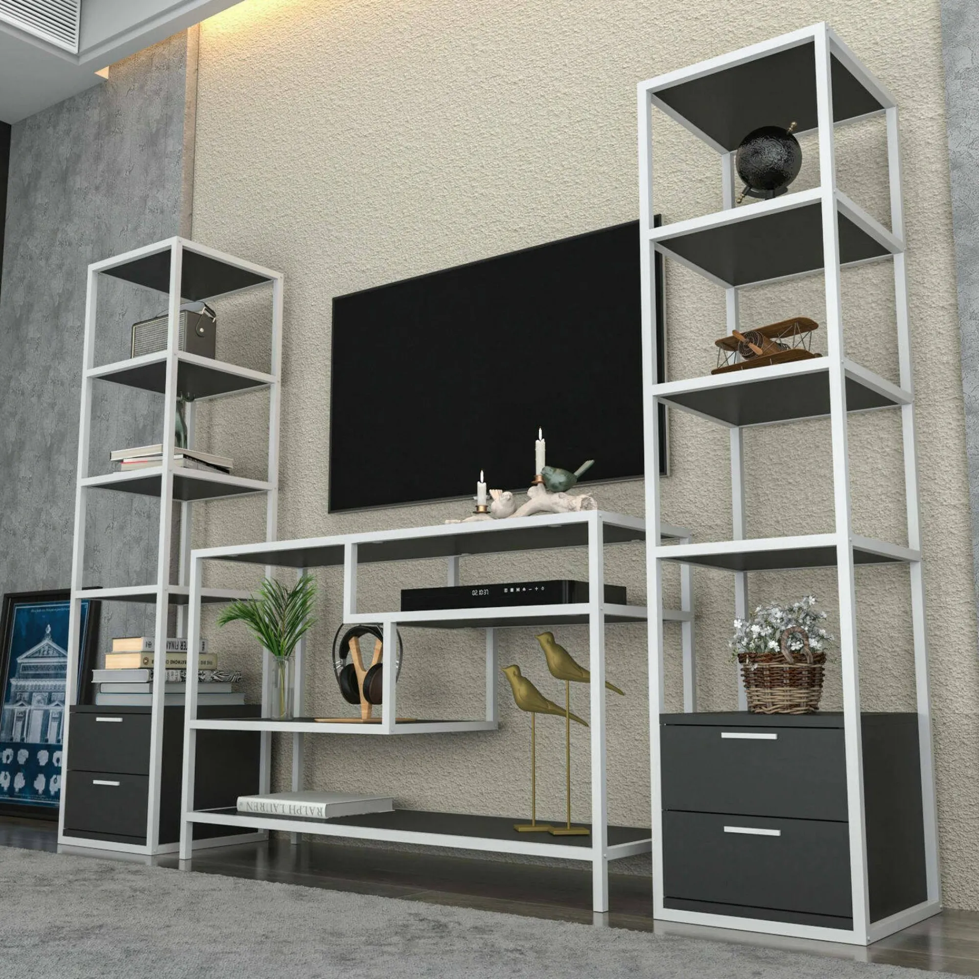Parete attrezzata Felion, 198x39h160 cm, Bianco e Antracite<Dmora Outlet
