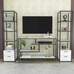 Parete attrezzata Felion, 198x39h160 cm, Bianco e Nero<Dmora Store