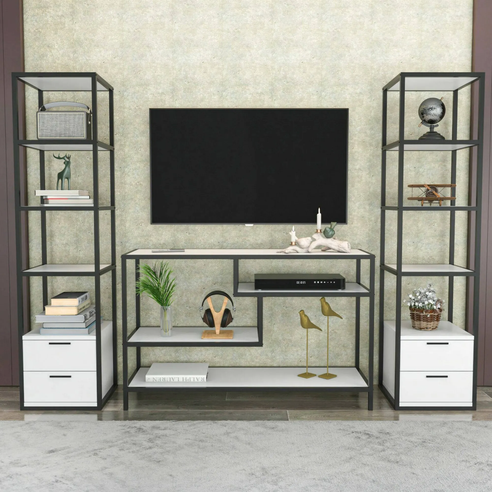 Parete attrezzata Felion, 198x39h160 cm, Bianco e Nero<Dmora Store