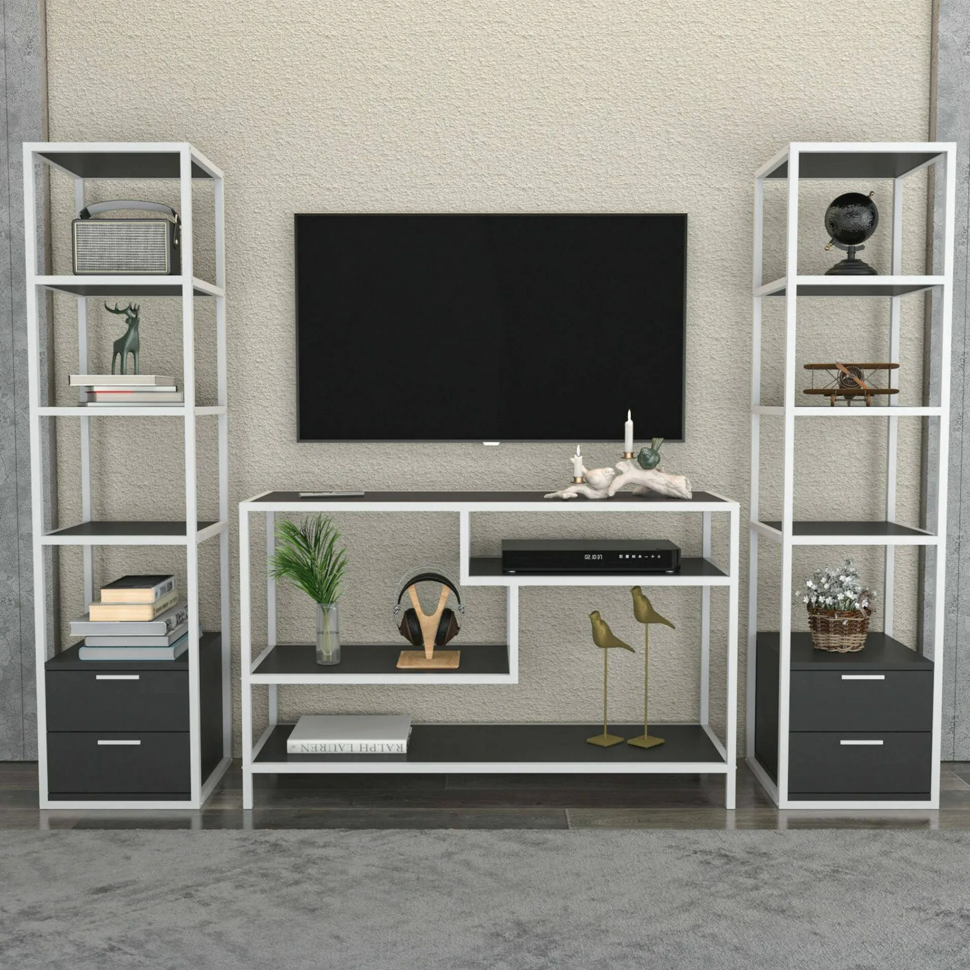 Parete attrezzata Felion, 198x39h160 cm, Bianco e Antracite<Dmora Outlet