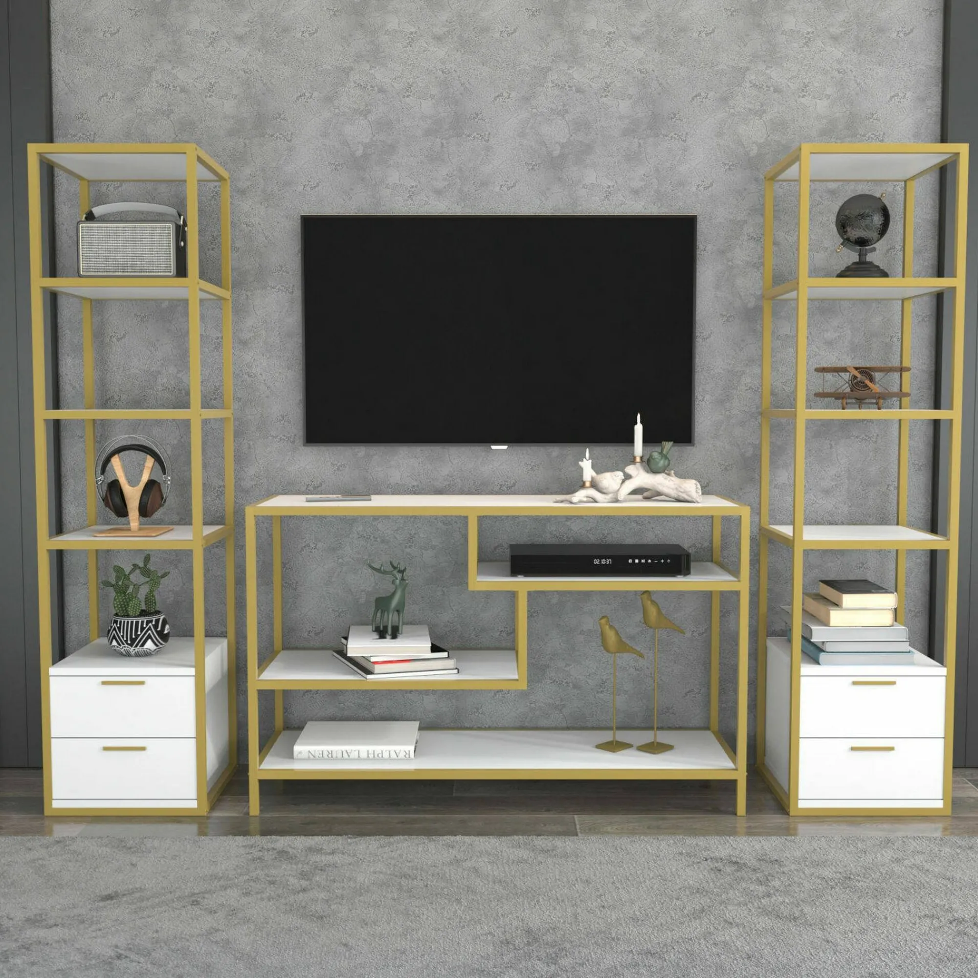 Parete attrezzata Felion, 198x39h160 cm, Oro e Bianco<Dmora Best