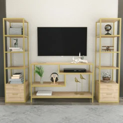 Parete attrezzata Felion, 198x39h160 cm, Oro e Quercia<Dmora Flash Sale
