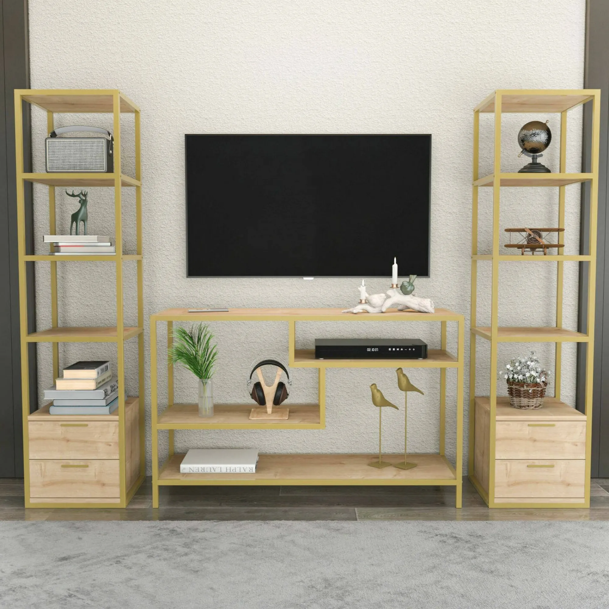 Parete attrezzata Felion, 198x39h160 cm, Oro e Quercia<Dmora Flash Sale