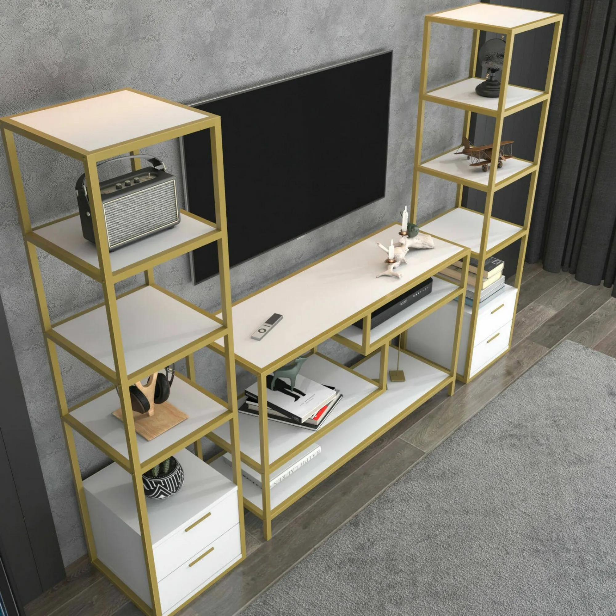 Parete attrezzata Felion, 198x39h160 cm, Oro e Bianco<Dmora Best