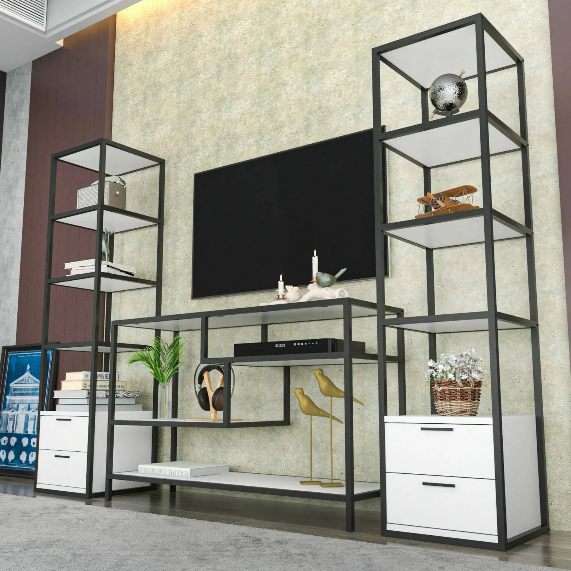 Parete attrezzata Felion, 198x39h160 cm, Bianco e Nero<Dmora Store