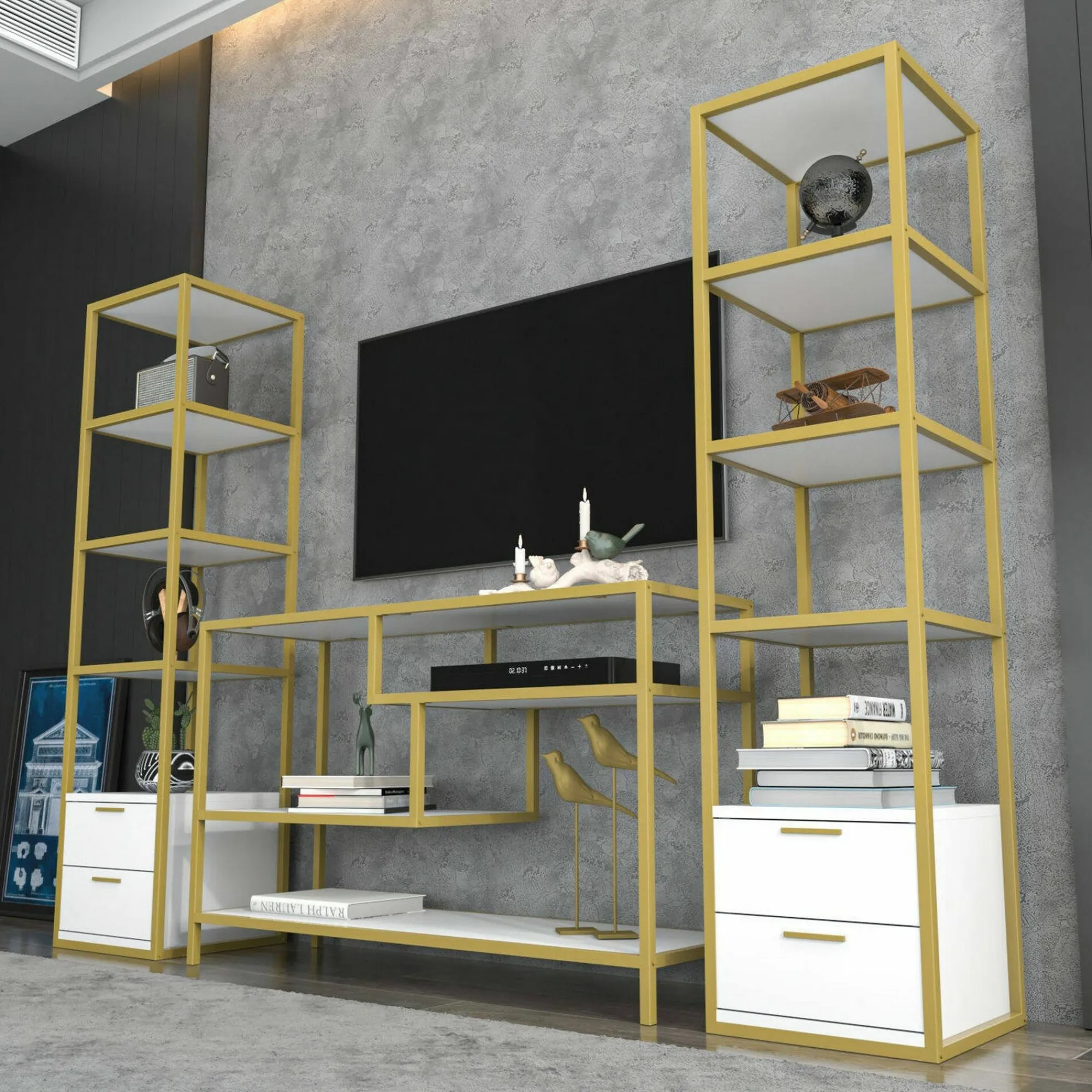 Parete attrezzata Felion, 198x39h160 cm, Oro e Bianco<Dmora Best