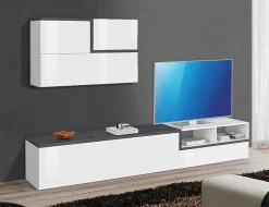 Parete attrezzata Granato, cm 240x40h180, Bianco lucido e Ardesia<Dmora New