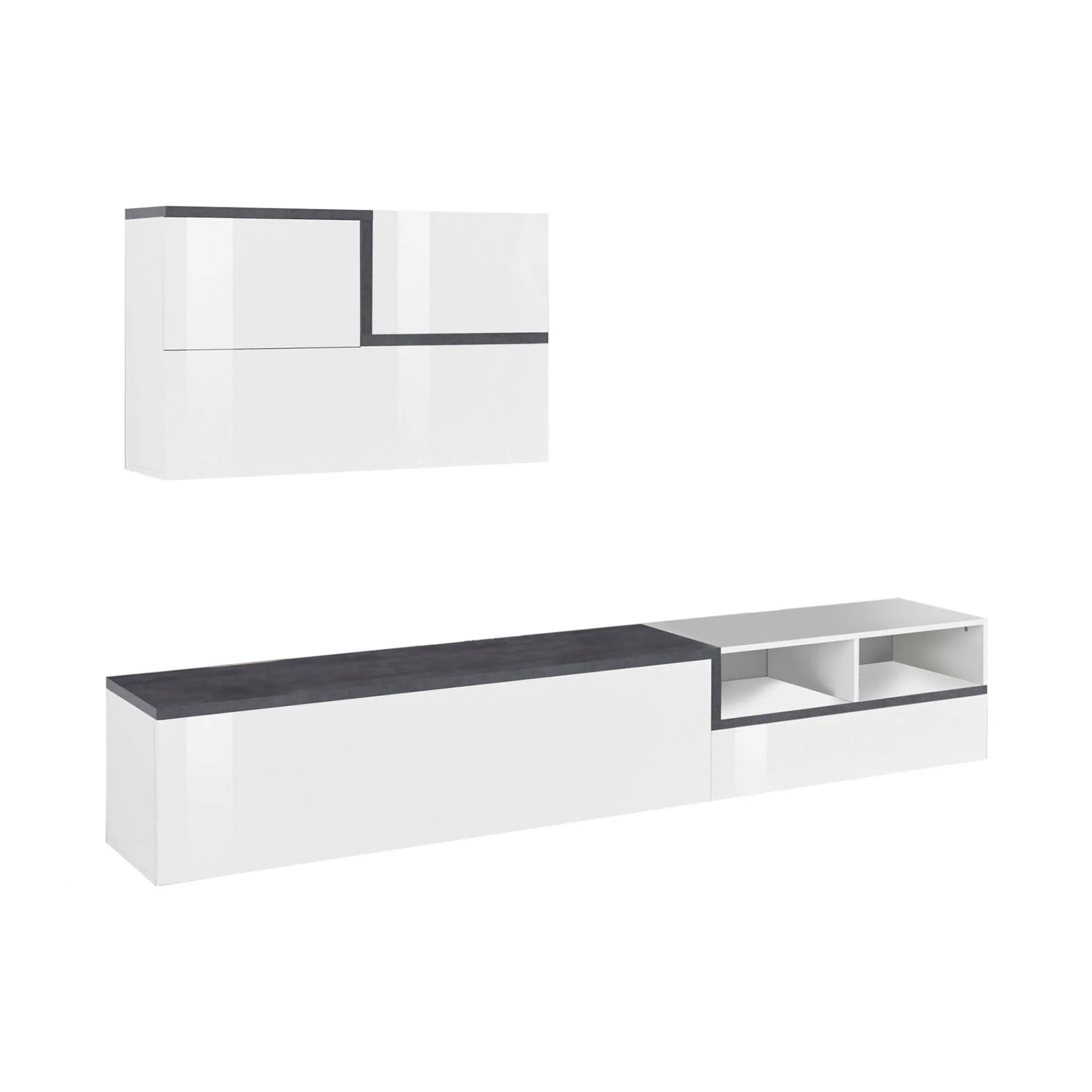 Parete attrezzata Granato, cm 240x40h180, Bianco lucido e Ardesia<Dmora New