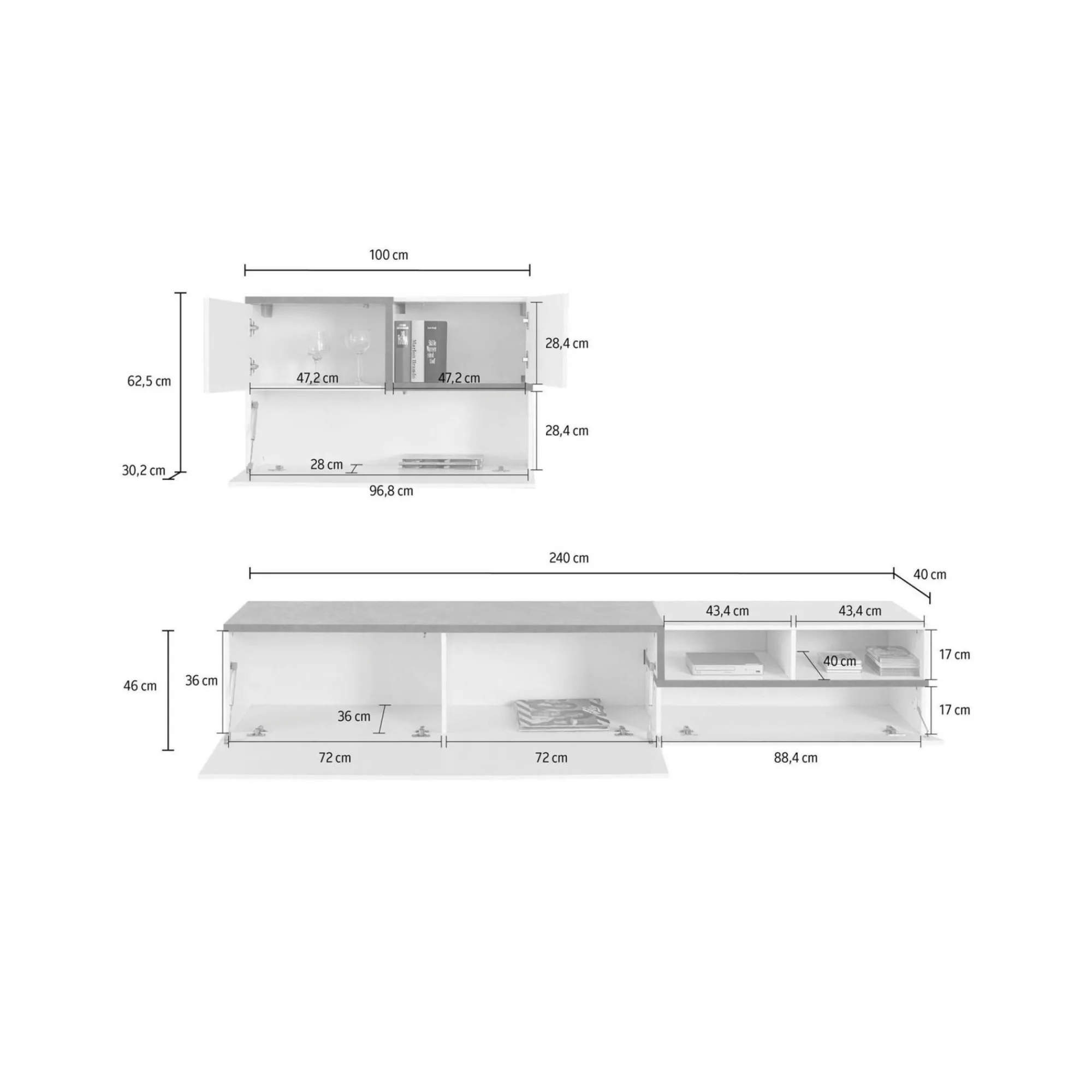 Parete attrezzata Granato, cm 240x40h180, Bianco lucido e Ardesia<Dmora New