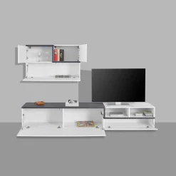 Parete attrezzata Granato, cm 240x40h180, Bianco lucido e Ardesia<Dmora New