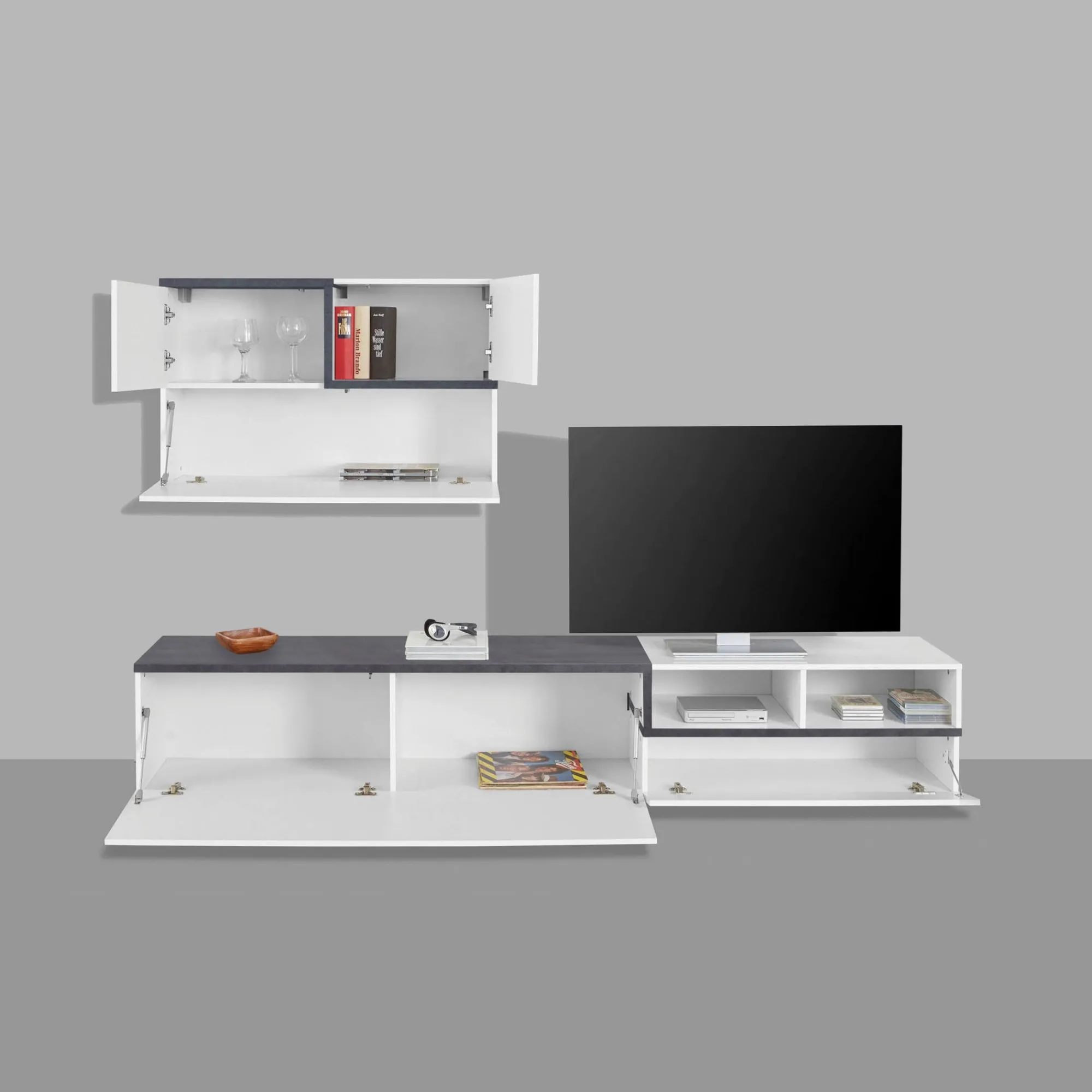 Parete attrezzata Granato, cm 240x40h180, Bianco lucido e Ardesia<Dmora New