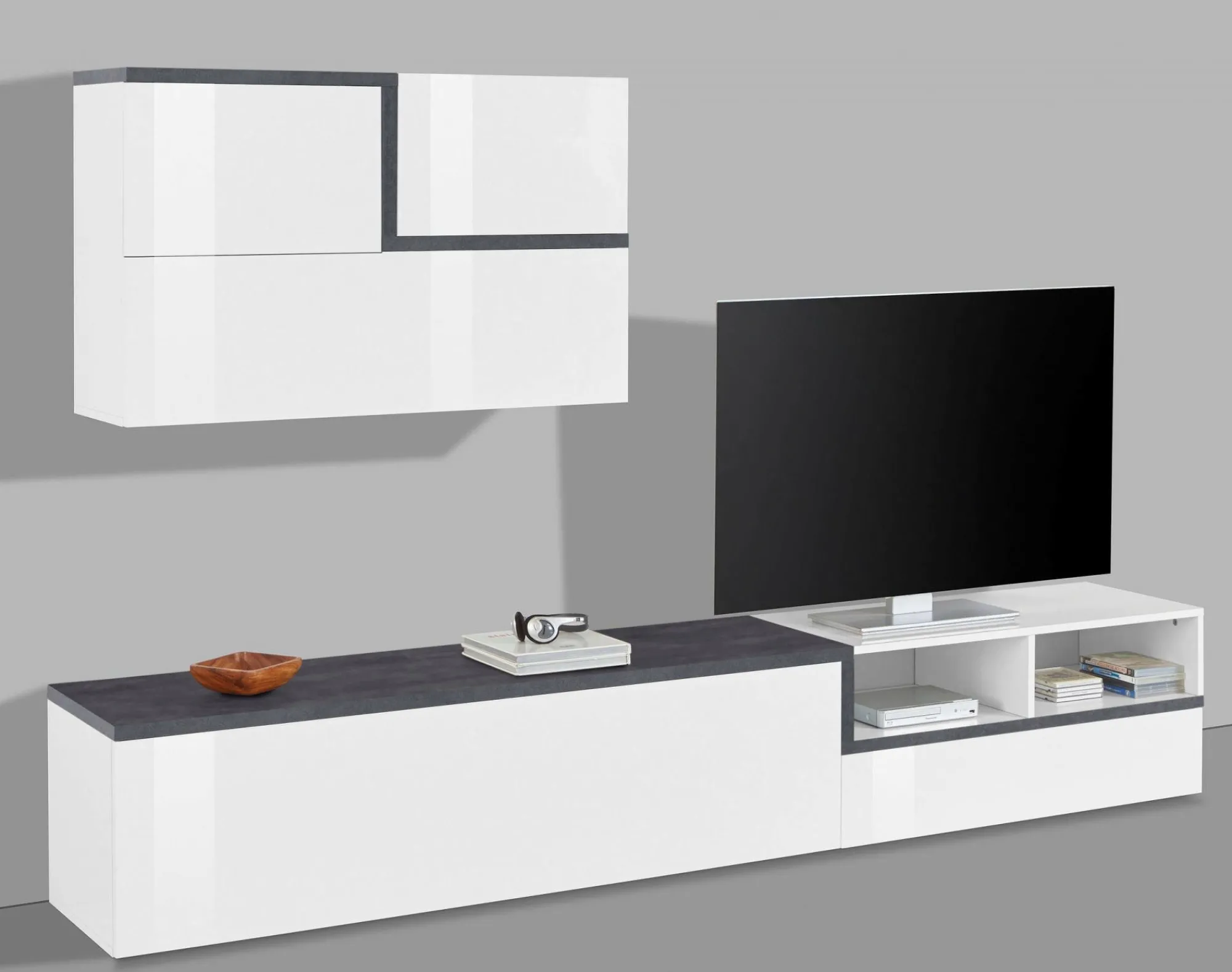 Parete attrezzata Granato, cm 240x40h180, Bianco lucido e Ardesia<Dmora New