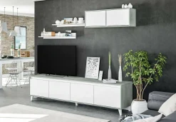 Parete attrezzata Kaya, 200x41h50 cm, Cemento e Bianco lucido<Dmora Shop