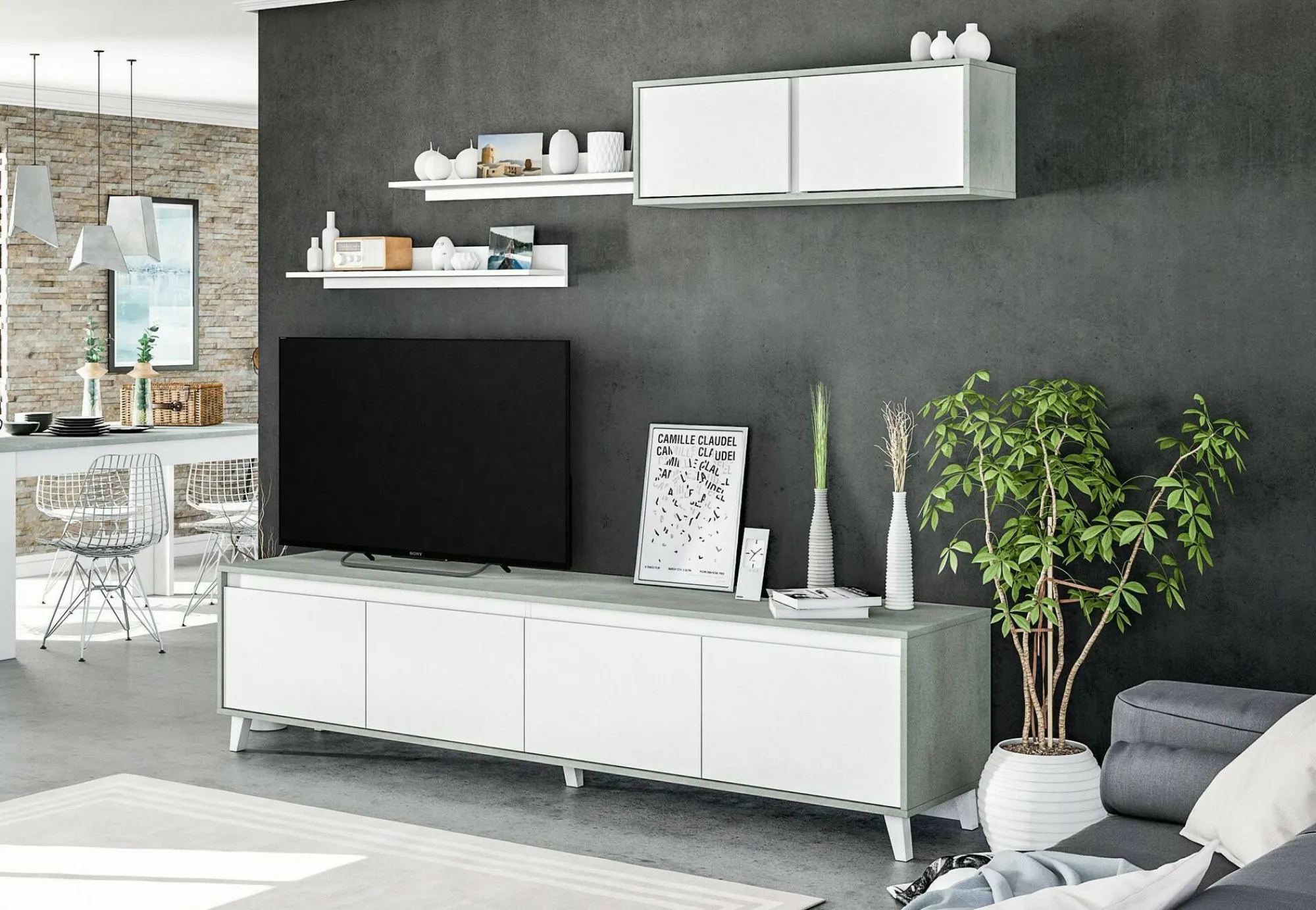 Parete attrezzata Kaya, 200x41h50 cm, Cemento e Bianco lucido<Dmora Shop