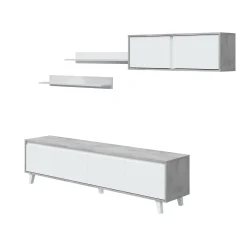 Parete attrezzata Kaya, 200x41h50 cm, Cemento e Bianco lucido<Dmora Shop