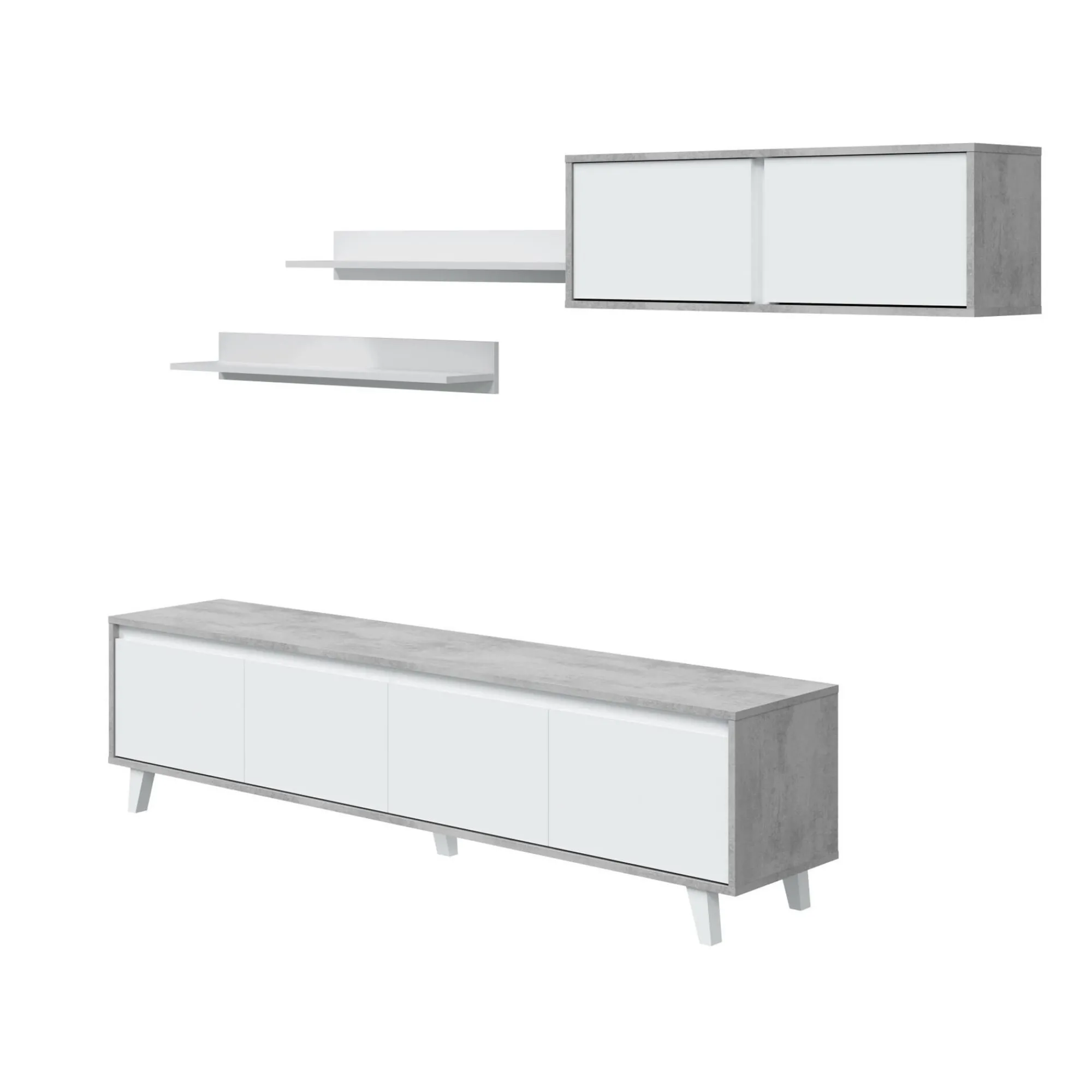 Parete attrezzata Kaya, 200x41h50 cm, Cemento e Bianco lucido<Dmora Shop