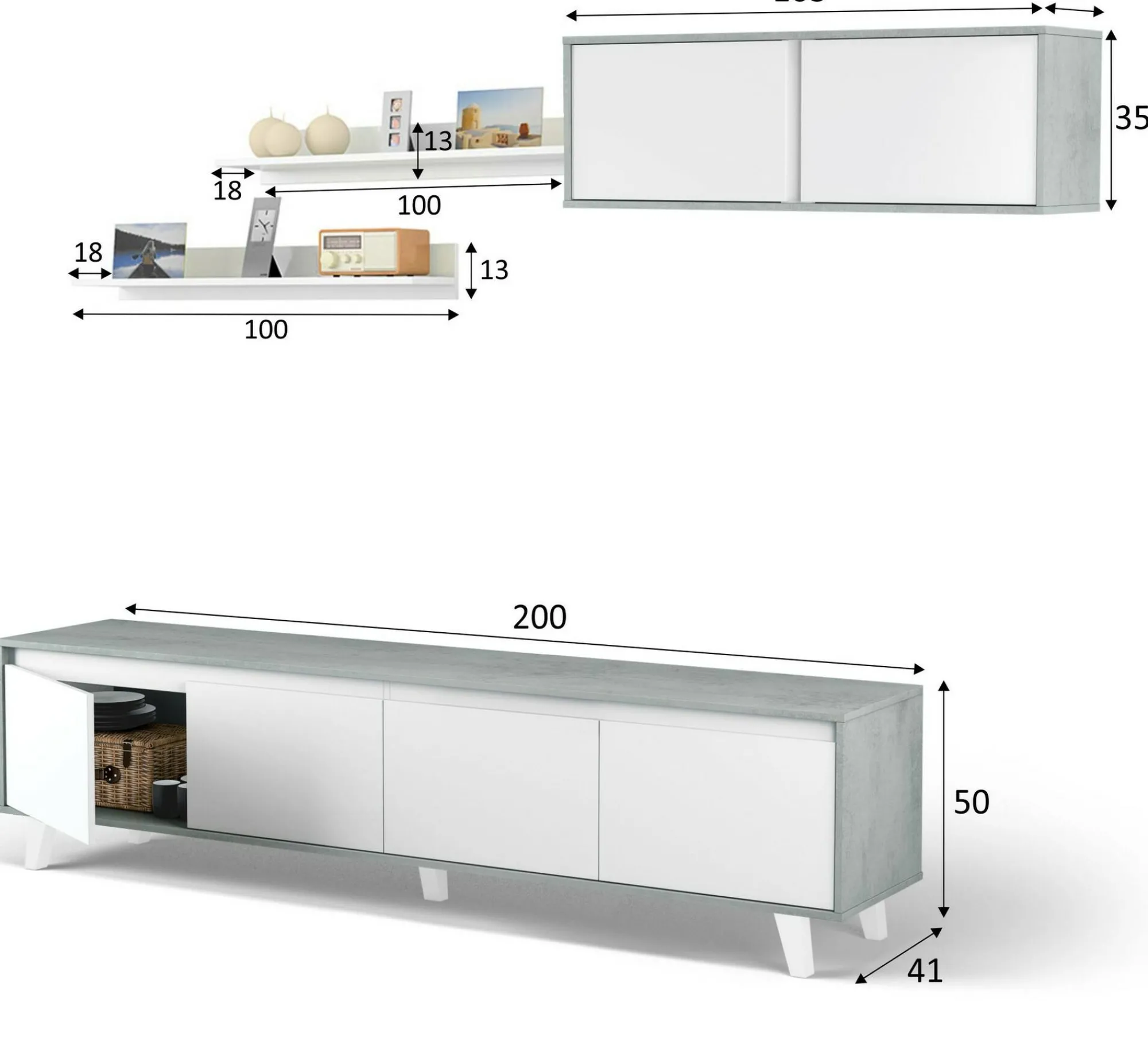Parete attrezzata Kaya, 200x41h50 cm, Cemento e Bianco lucido<Dmora Shop
