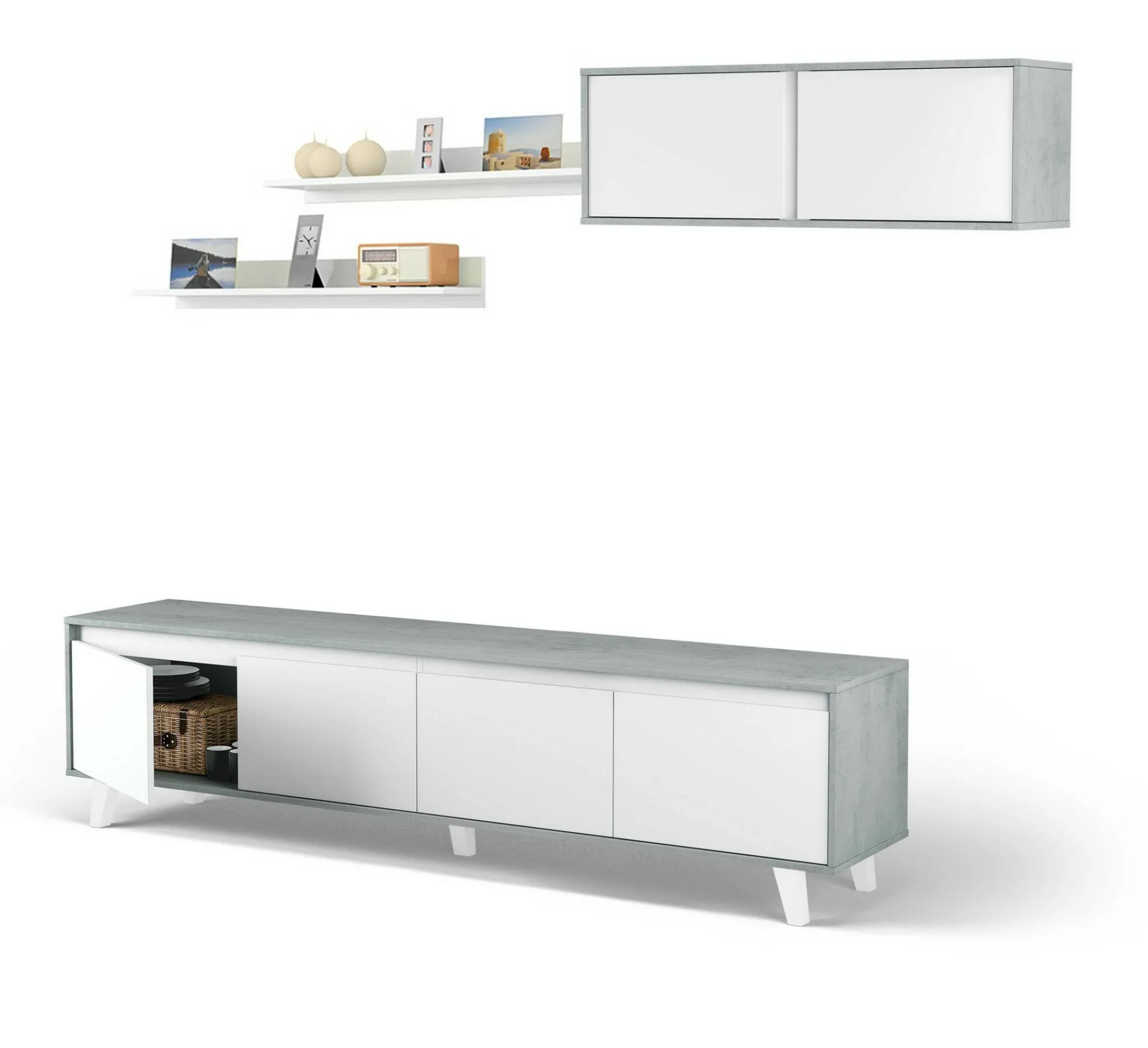Parete attrezzata Kaya, 200x41h50 cm, Cemento e Bianco lucido<Dmora Shop