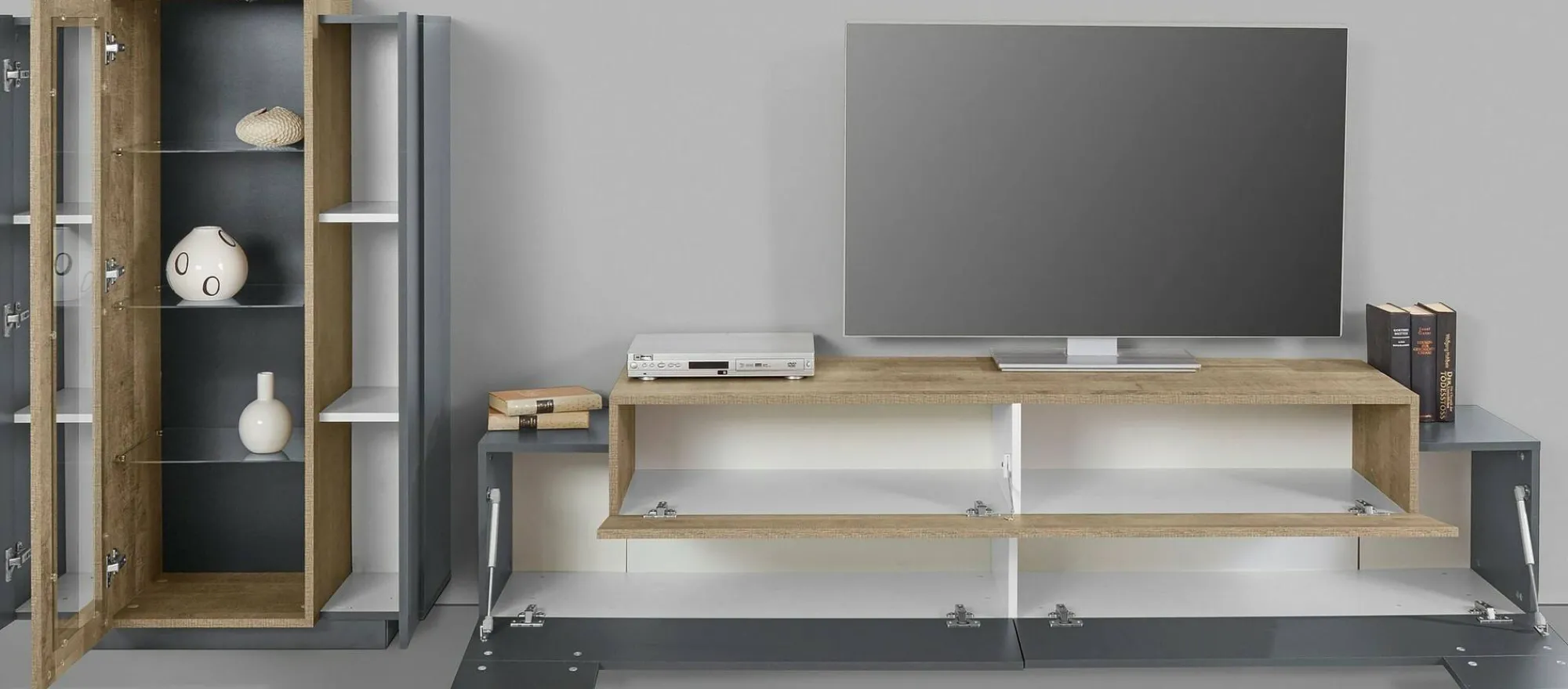 Parete attrezzata Maja, cm 280x45h120, Antracite e Rovere<Dmora Store