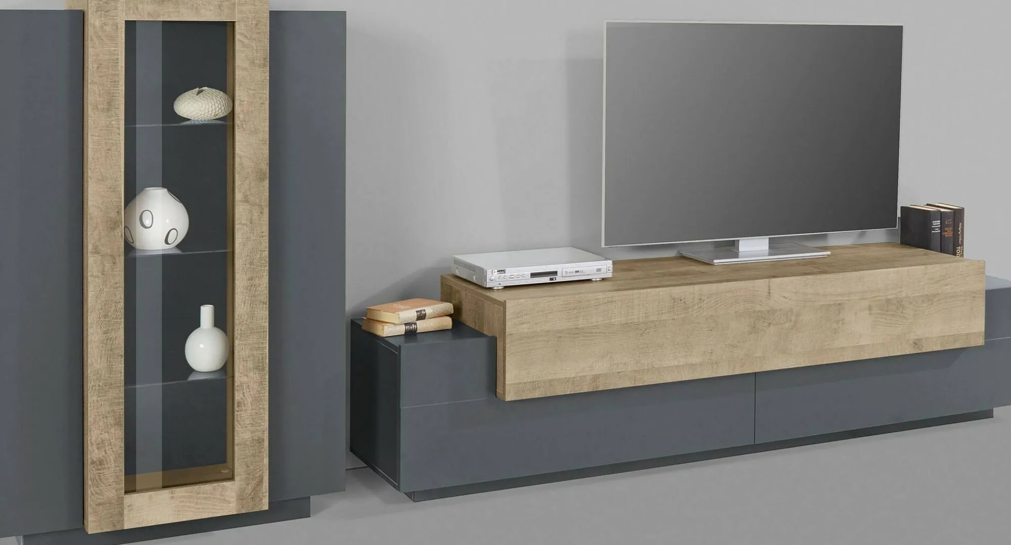 Parete attrezzata Maja, cm 280x45h120, Antracite e Rovere<Dmora Store