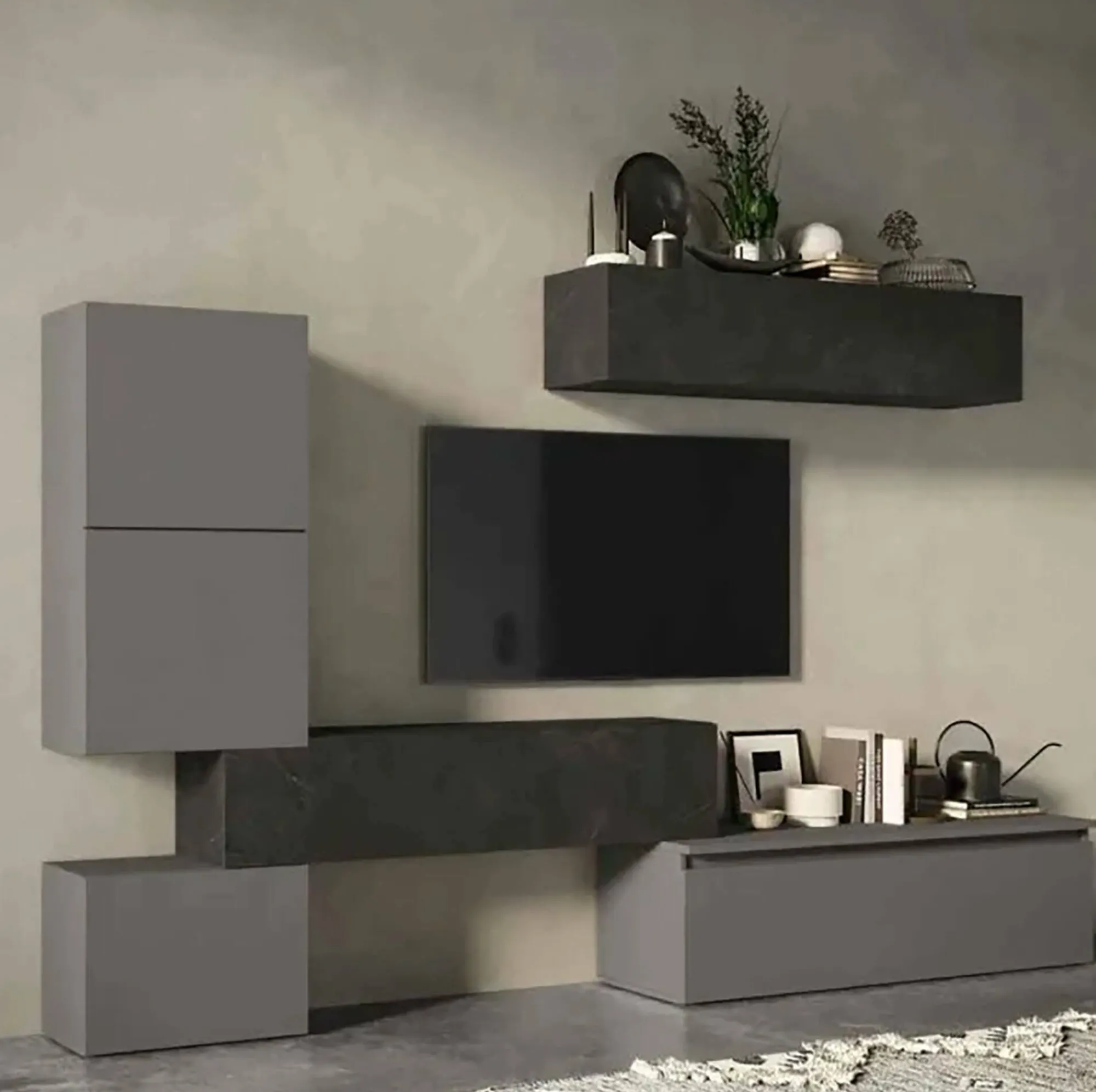 Parete attrezzata Nana, 290x40 h190 cm, Ardesia e Grigio scuro<Dmora Best
