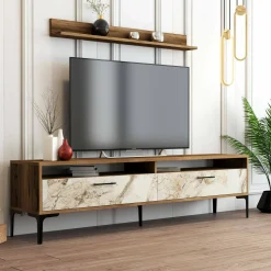 Parete attrezzata Oho, 180x35h47 cm, Noce e Bianco Marmo<Dmora Best