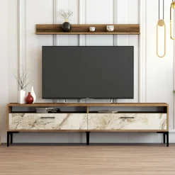Parete attrezzata Oho, 180x35h47 cm, Noce e Bianco Marmo<Dmora Best