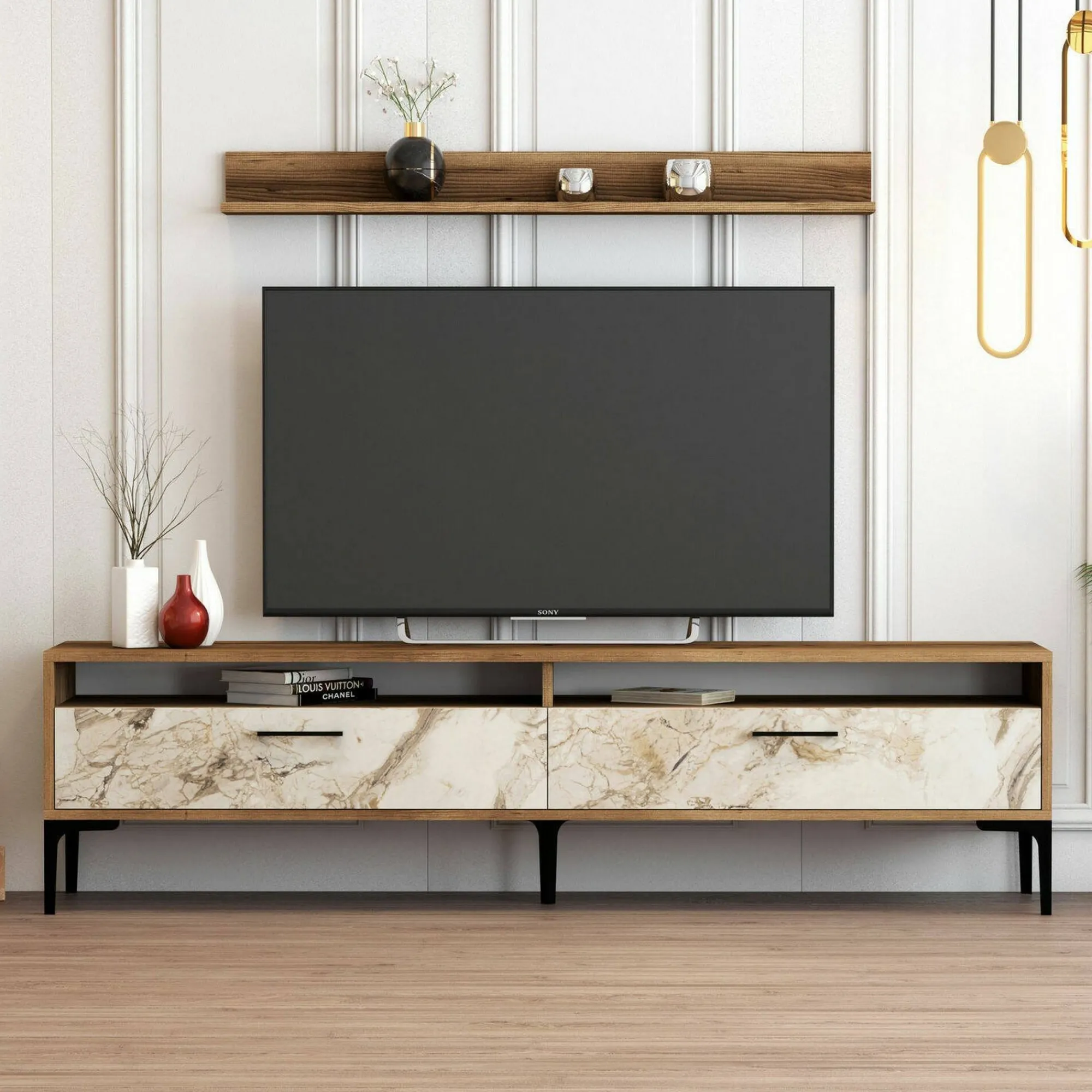 Parete attrezzata Oho, 180x35h47 cm, Noce e Bianco Marmo<Dmora Best