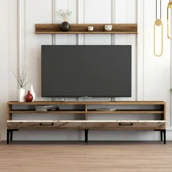 Parete attrezzata Oho, 180x35h47 cm, Noce e Bianco Marmo<Dmora Best