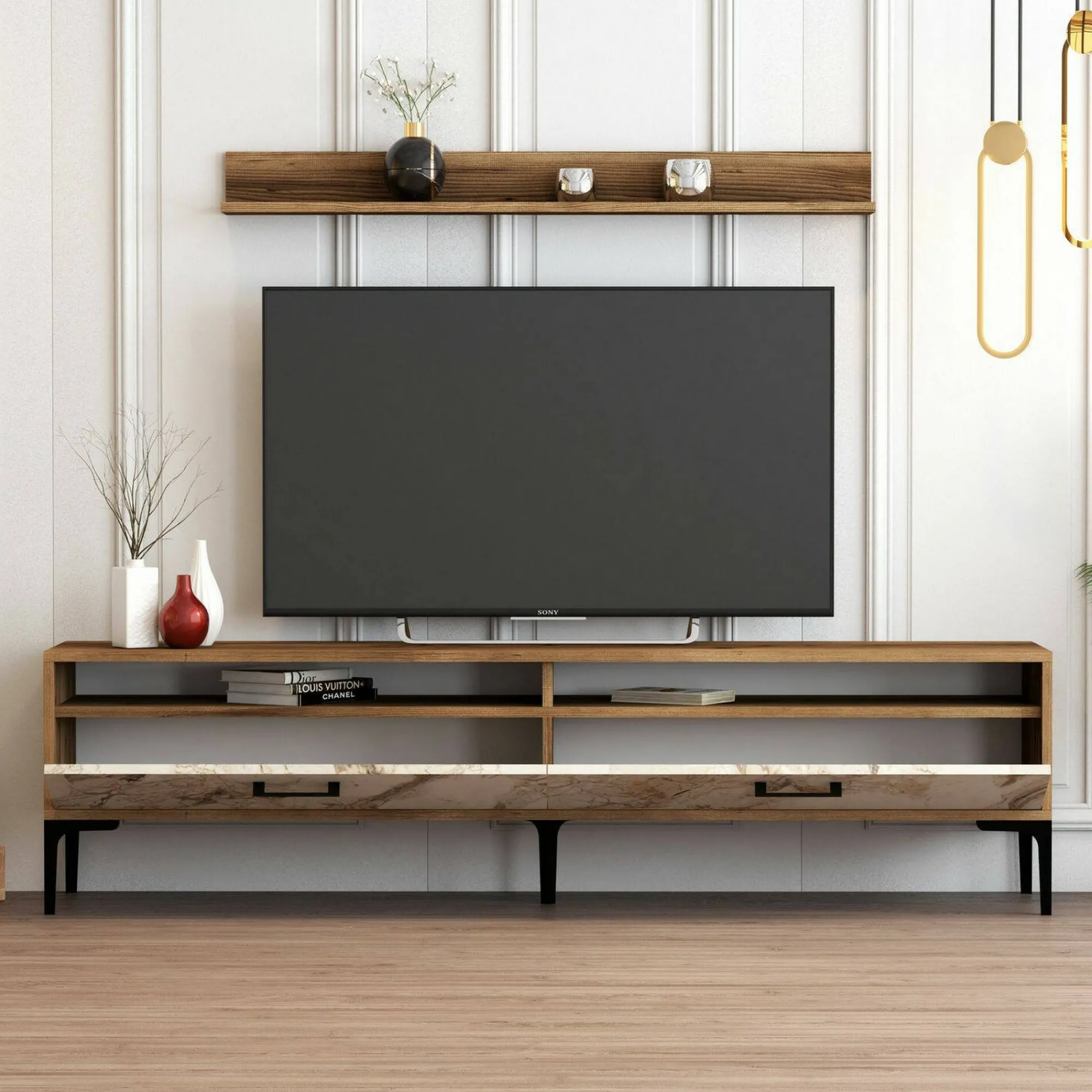 Parete attrezzata Oho, 180x35h47 cm, Noce e Bianco Marmo<Dmora Best
