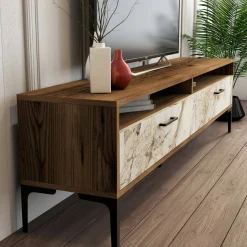 Parete attrezzata Oho, 180x35h47 cm, Noce e Bianco Marmo<Dmora Best
