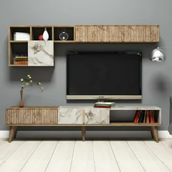 Parete attrezzata Ostro, 180x35h40 cm, Noce e Bianco Marmo<Dmora Discount