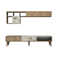 Parete attrezzata Ostro, 180x35h40 cm, Noce e Bianco Marmo<Dmora Discount