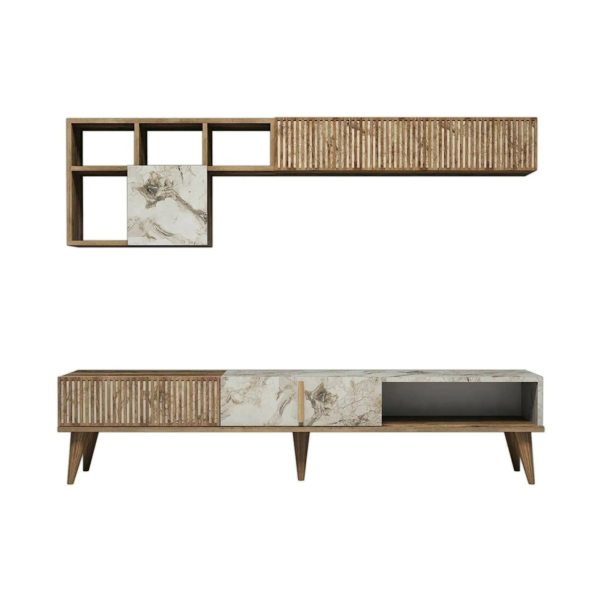 Parete attrezzata Ostro, 180x35h40 cm, Noce e Bianco Marmo<Dmora Discount