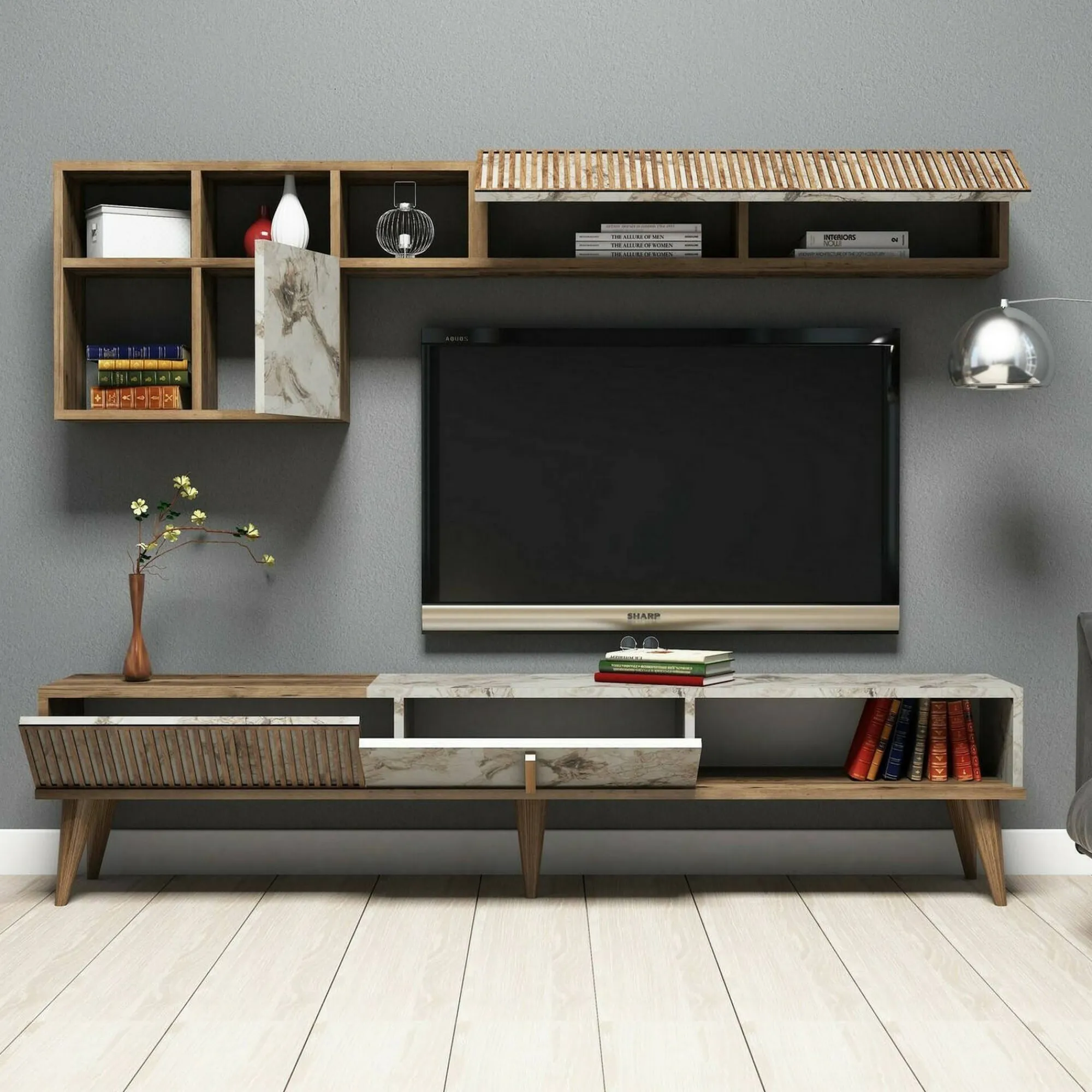 Parete attrezzata Ostro, 180x35h40 cm, Noce e Bianco Marmo<Dmora Discount