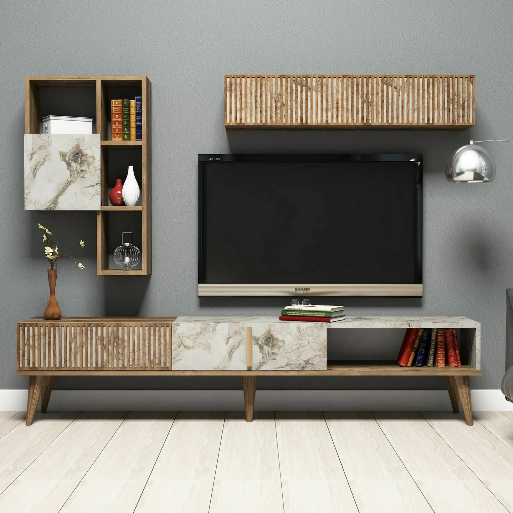 Parete attrezzata Ostro, 180x35h40 cm, Noce e Bianco Marmo<Dmora Discount