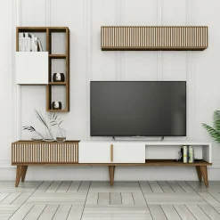 Parete attrezzata Ostro, 180x35h40 cm, Noce e Bianco<Dmora Online