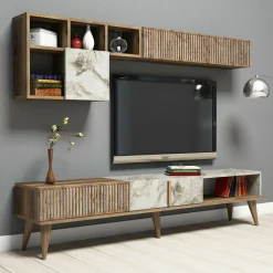 Parete attrezzata Ostro, 180x35h40 cm, Noce e Bianco Marmo<Dmora Discount