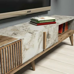 Parete attrezzata Ostro, 180x35h40 cm, Noce e Bianco Marmo<Dmora Discount