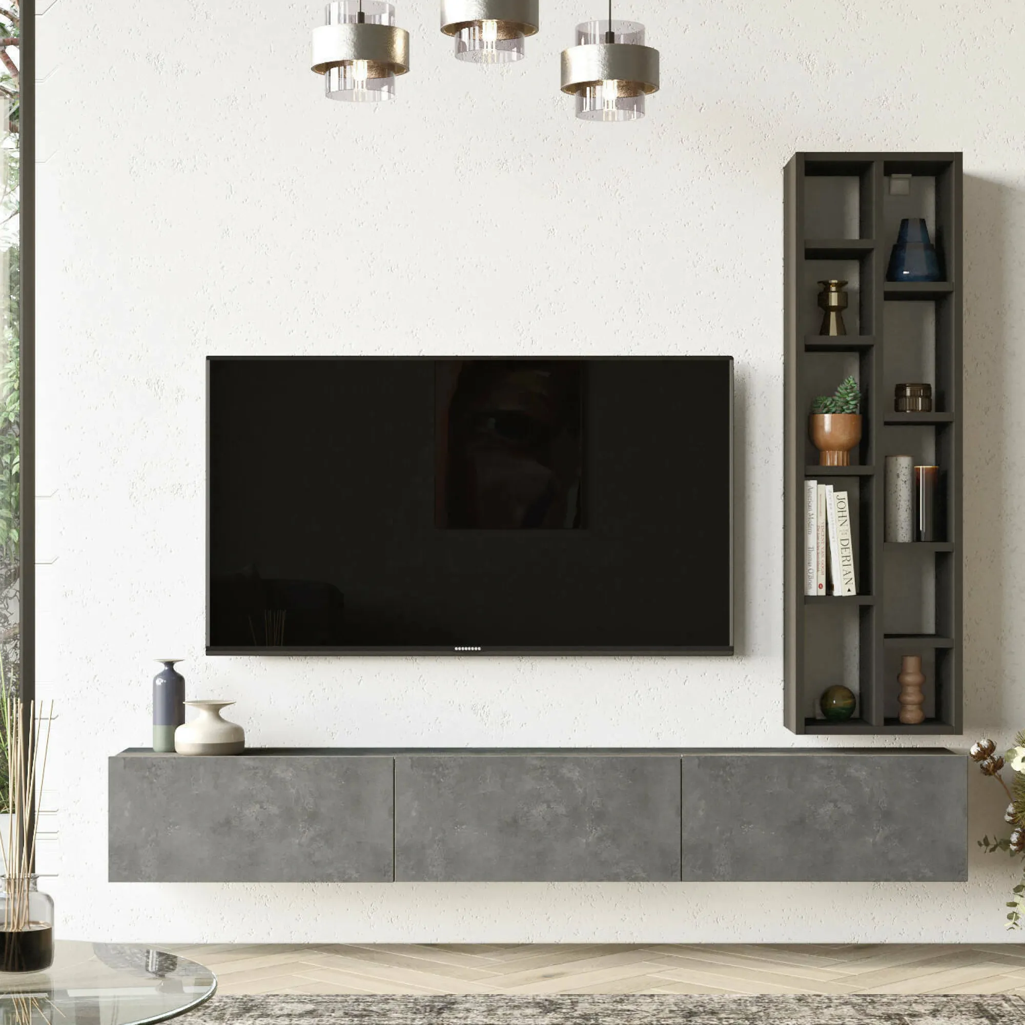 Parete attrezzata Sardegna, 175x27 h25 cm, Argento e Nero<Dmora Cheap