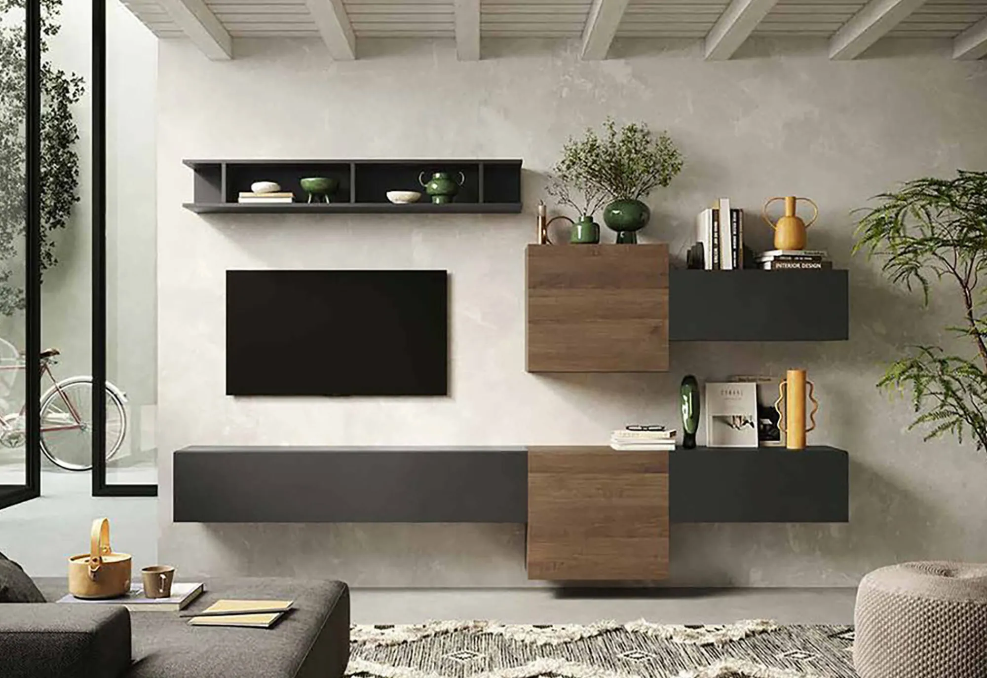 Parete attrezzata Tony, 262x30 h185 cm, Noce e Antracite<Dmora Store