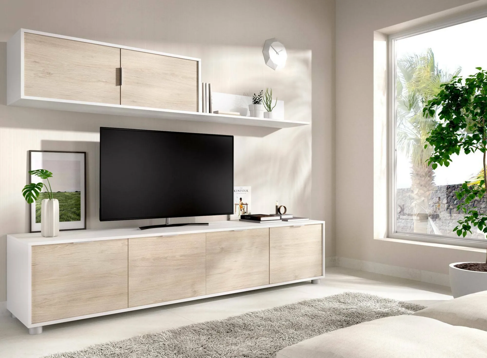 Parete attrezzata Winnie, 200x40 h43 cm, Bianco e Rovere<Dmora Flash Sale
