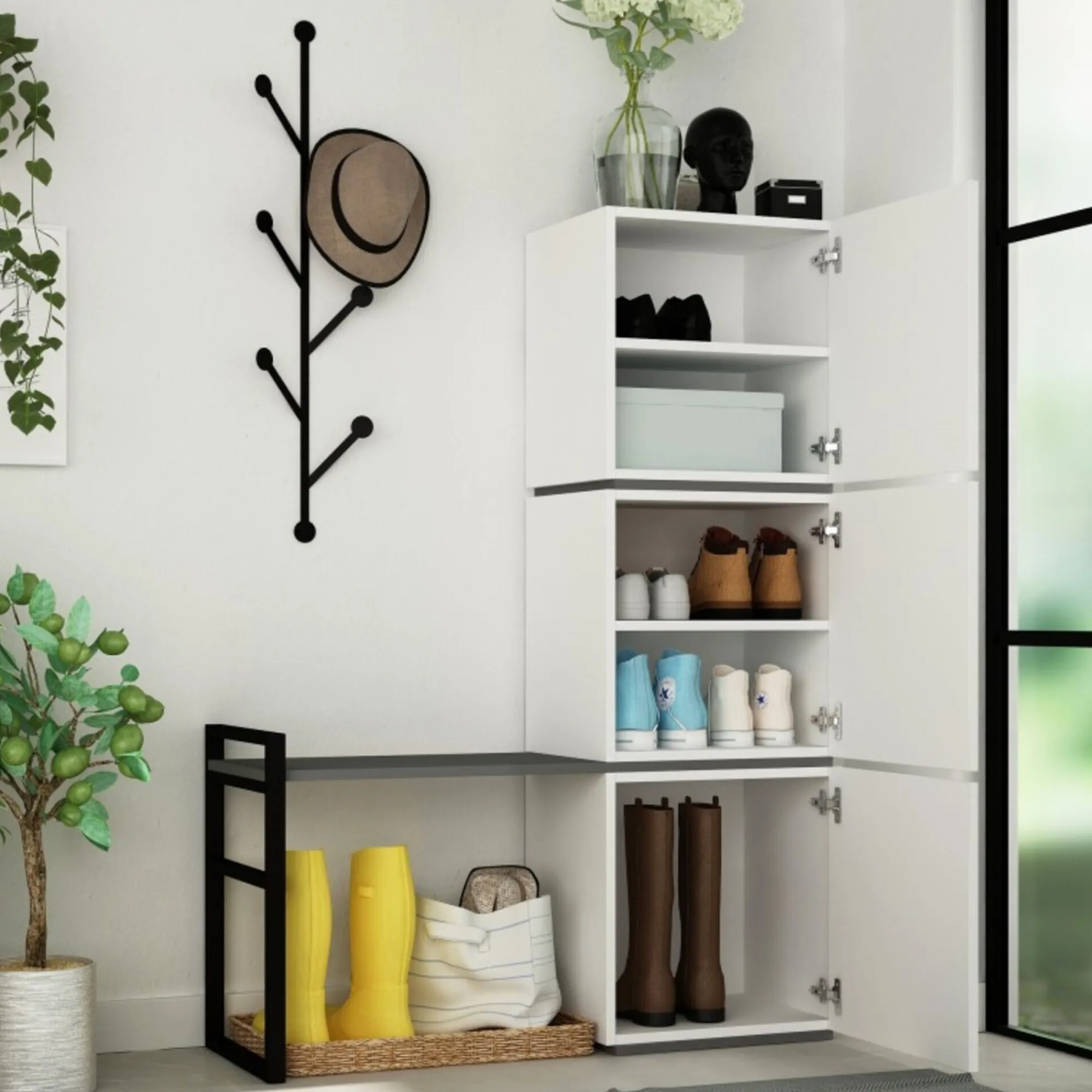 Scarpiera Akoni, 109x39 h149 cm, Bianco e Antracite<Dmora Flash Sale