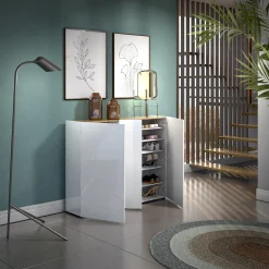 Scarpiera Anir, 145x35h115 cm, Bianco lucido e Rovere<Dmora Shop