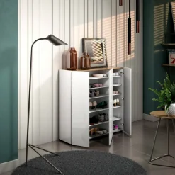 Scarpiera Arrone, 116x35h115 cm, Bianco lucido e Rovere<Dmora Store