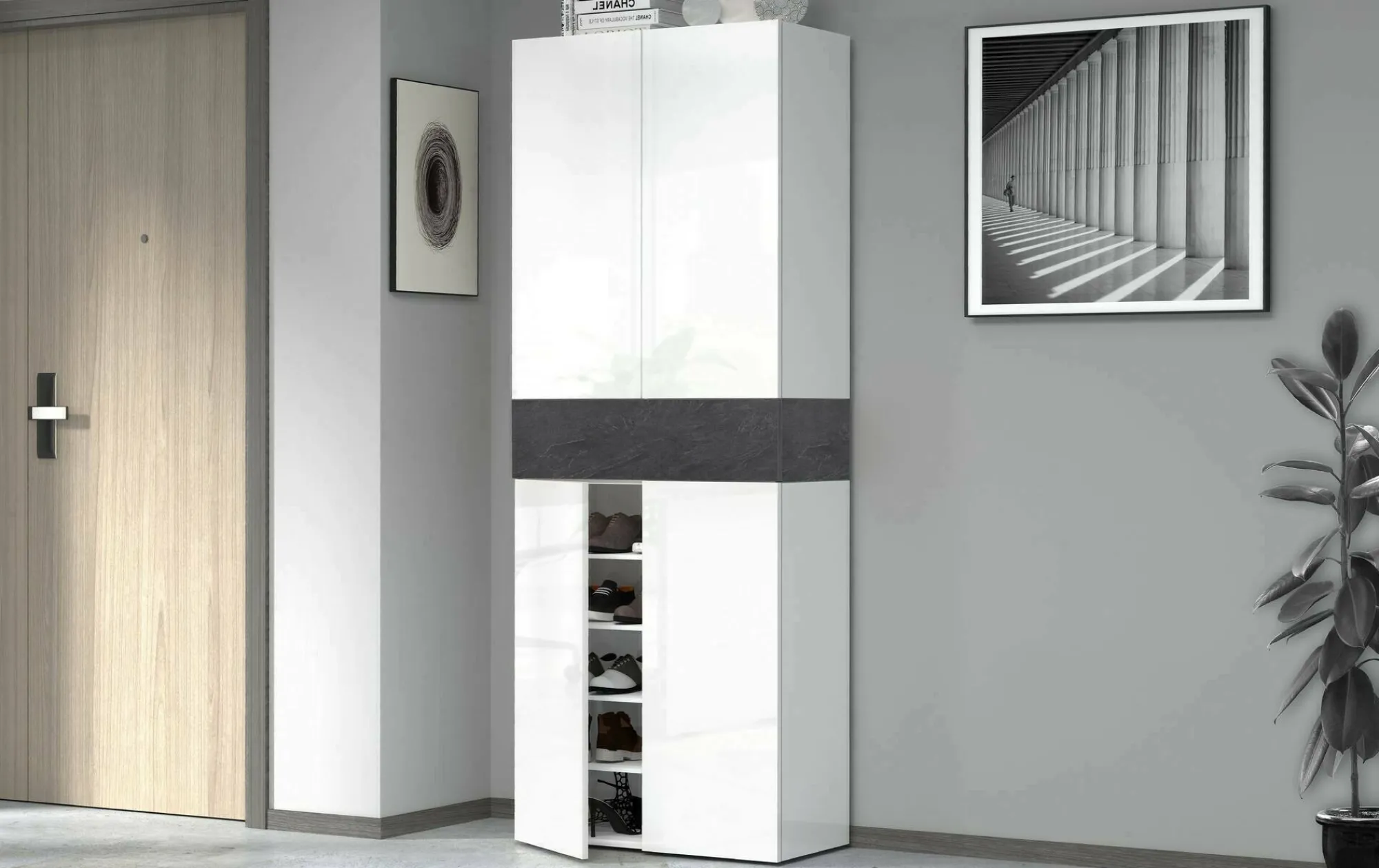Scarpiera Asklol, 76x38h200 cm, Bianco e Ardesia<Dmora Fashion