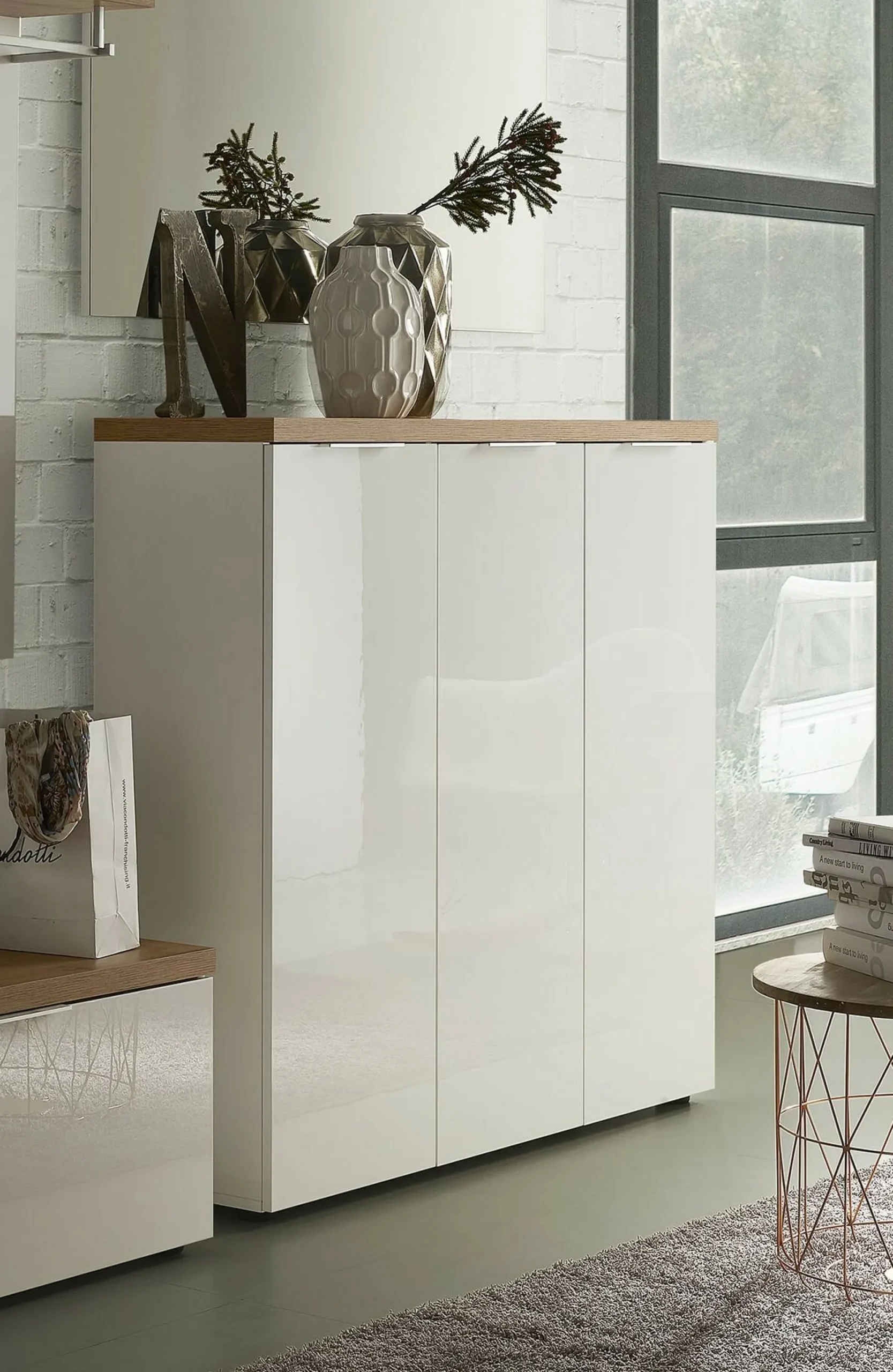 Scarpiera Aspidistra, 122x34h115 cm, Bianco lucido e Rovere<Dmora Shop