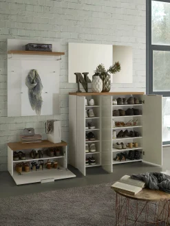 Scarpiera Aspidistra, 122x34h115 cm, Bianco lucido e Rovere<Dmora Shop